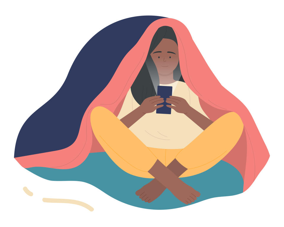 Girl sitting under blanket at night to play on mobile phone, send messages vector illustration