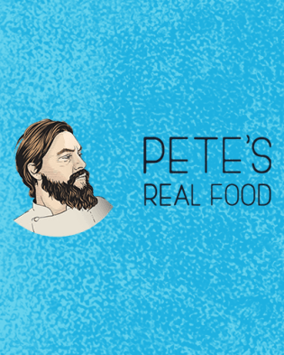 Pete's Real Food logo against a blue background.