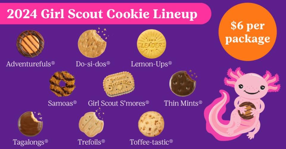 The lineup for 2024 includes Adventurefuls, Caramel Chocolate Chip, Caramel deLites/Samoas, Do-si-dos/Peanut Butter Sandwich, Girl Scout S’mores, Lemonades, Lemon-Ups, Peanut Butter Patties/Tagalongs, Thin Mints, Toast-Yay!, Toffee-tastic and Trefoils. Girl Scouts