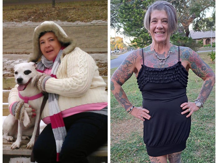 A woman sitting on a bench with a dog, and the same woman after she lost weight wearing a black dress.
