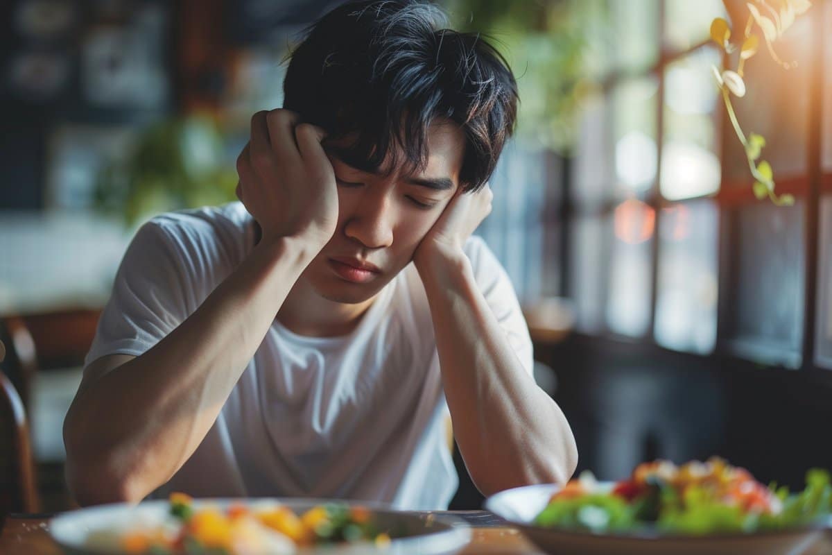 This shows a man eating a plate of food.