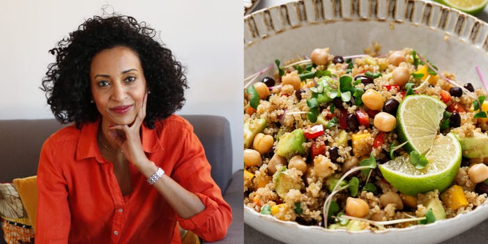 Linia Patel (left) Bowl of quinoa and chickpea salad (right)