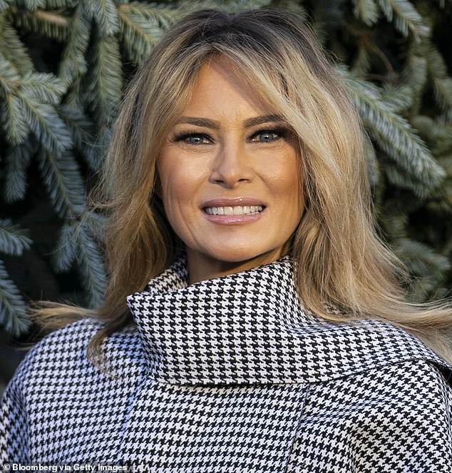 Four years ago, pictured at the White House's unveiling of the Trump's Christmas tree; Melania's defined eyebrows and frosted pink lip - and the ever-present tan remain firmly in place