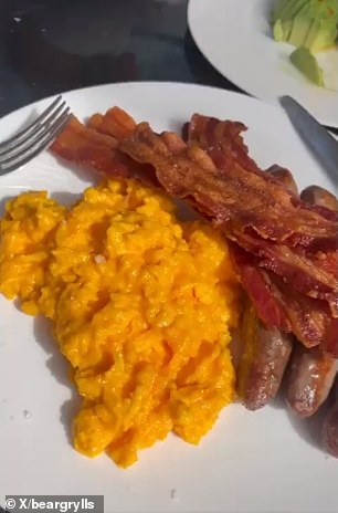 In 2022, Grylls posted a picture of bacon, sausages and scrambled egg on X, with the caption: 'Solid feed up before speaking at an event! Ready to go.