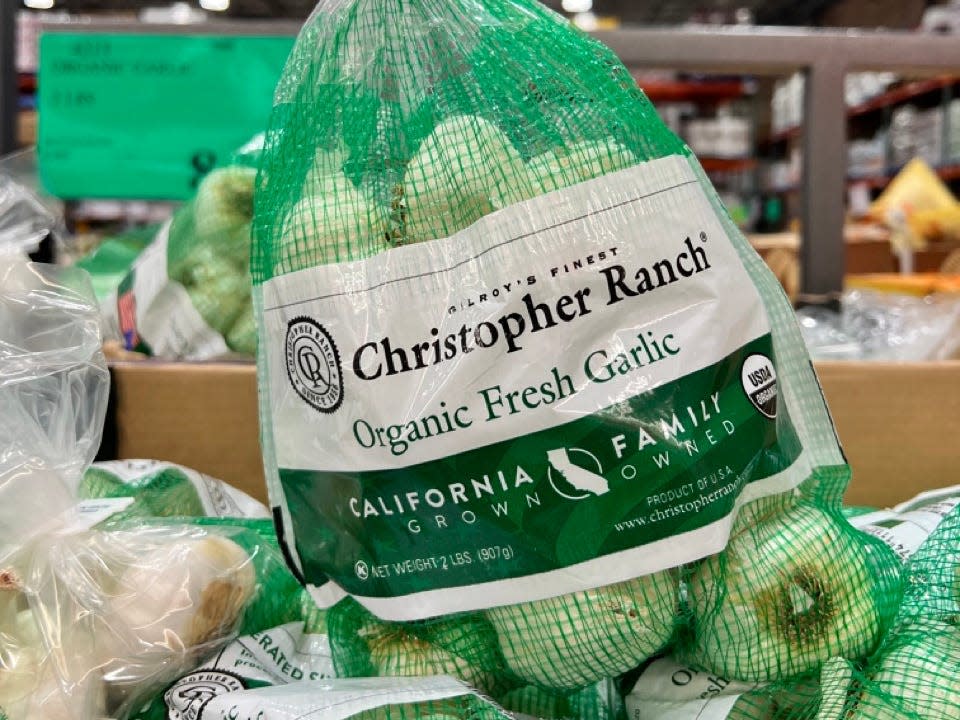 Mesh bag of Christopher Ranch organic garlic at Costco